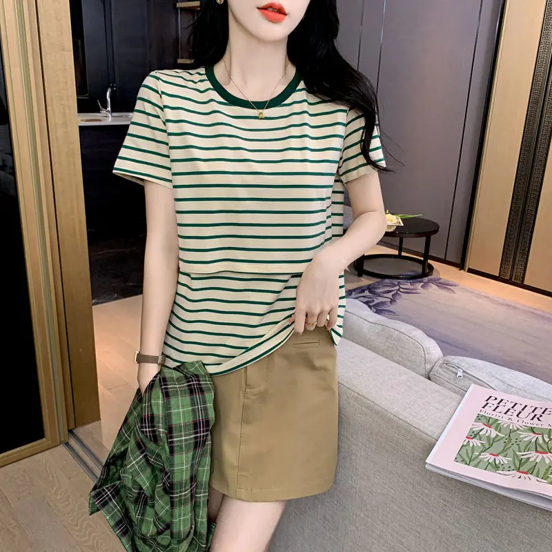 Striped Nursing T-Shirt Green White Summer Hot Mom — feature 13