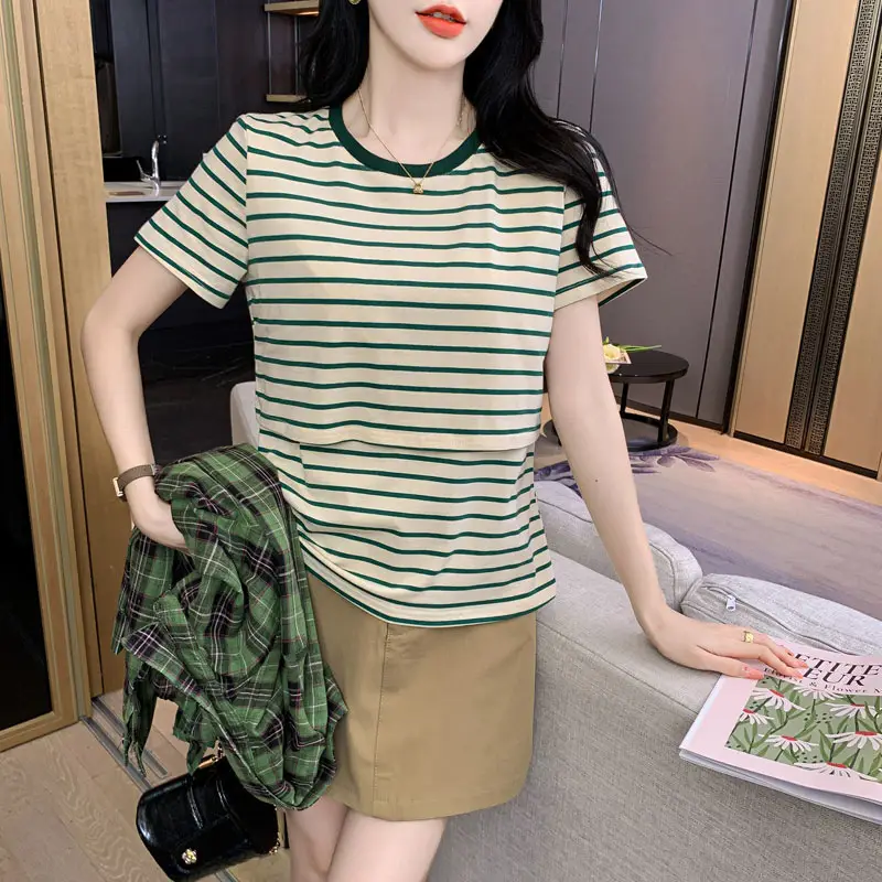 Striped Nursing T-Shirt Green White Summer Hot Mom — feature 15