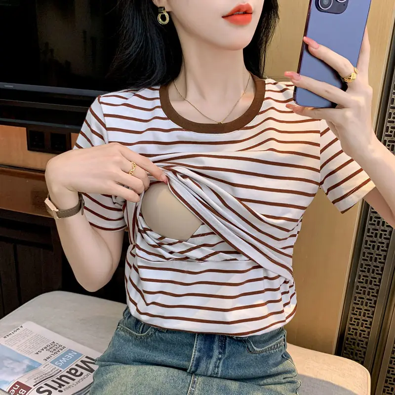 Striped Nursing T-Shirt Green White Summer Hot Mom — feature 18