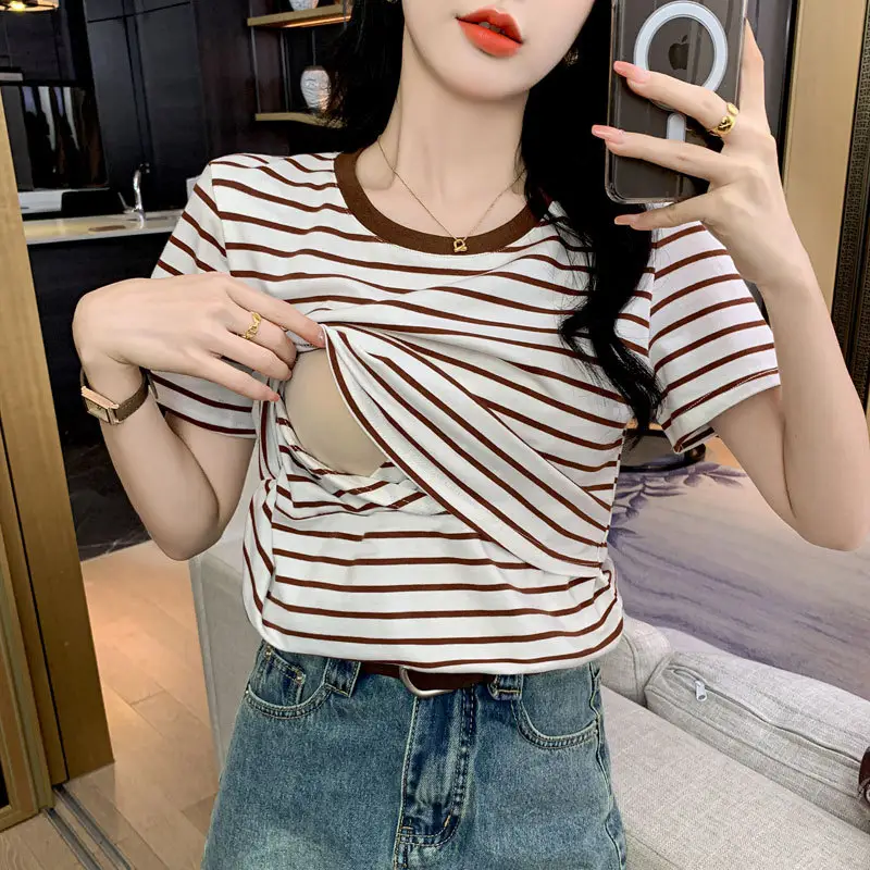 Striped Nursing T-Shirt Green White Summer Hot Mom — feature 24