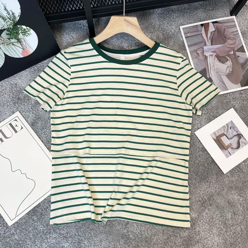 Striped Nursing T-Shirt Green White Summer Hot Mom — feature 29