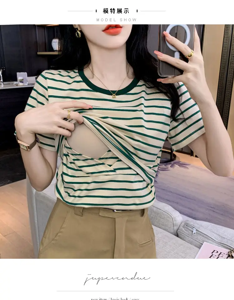 Striped Nursing T-Shirt Green White Summer Hot Mom — feature 4