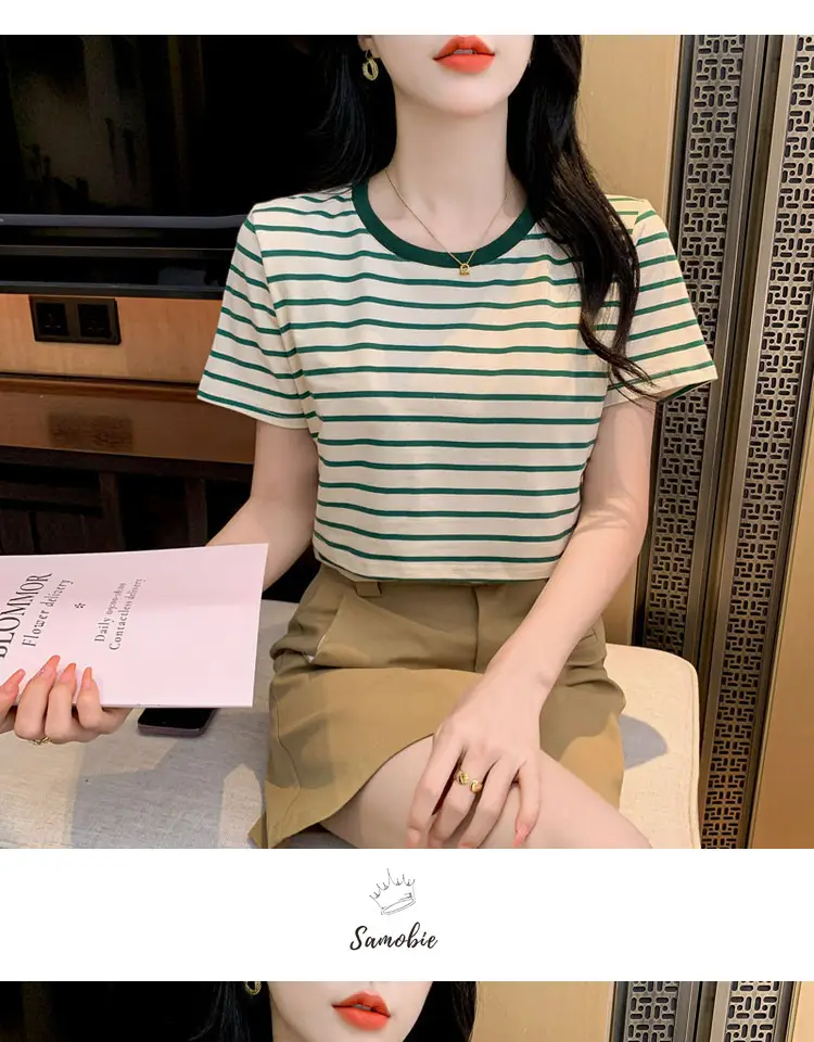 Striped Nursing T-Shirt Green White Summer Hot Mom — feature 6