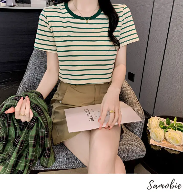 Striped Nursing T-Shirt Green White Summer Hot Mom — feature 9