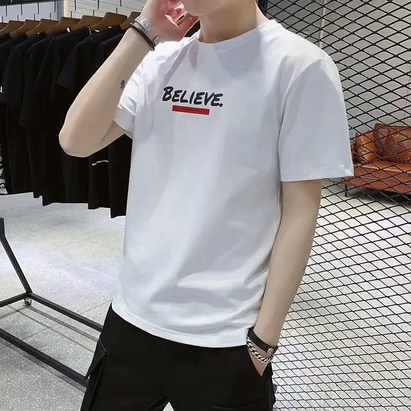Men White Short Sleeve T-Shirt Loose Fit Summer Wear