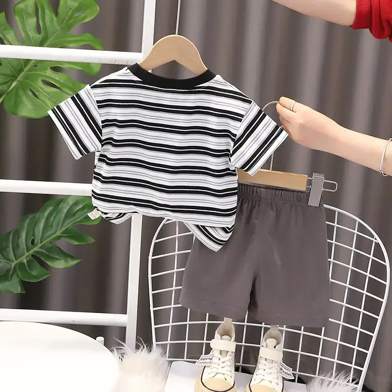 Boys Striped T-Shirt Shorts Set 2023 New Letter - Image 2