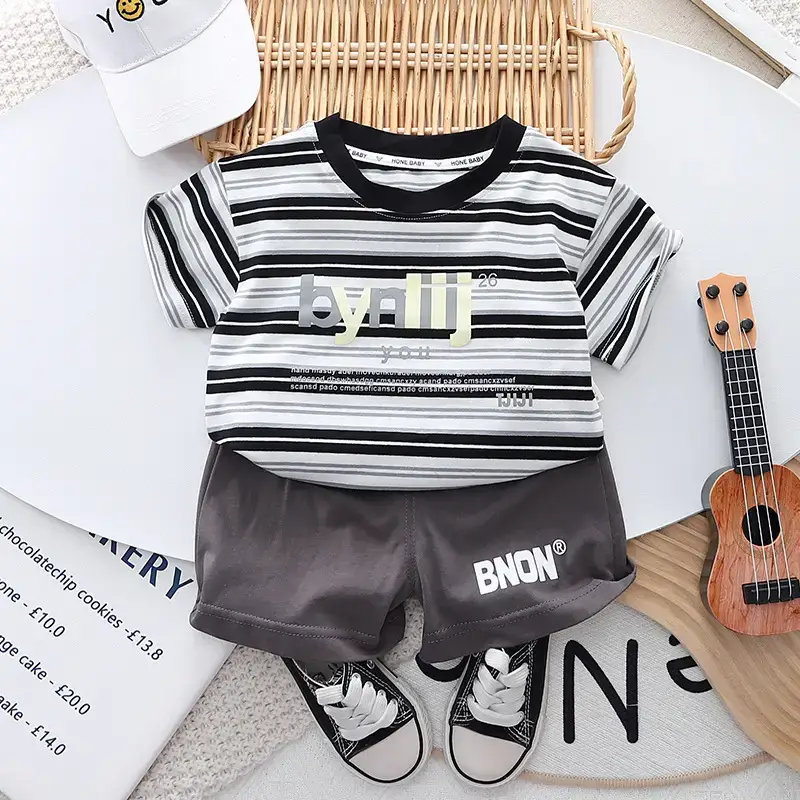 Boys Striped T-Shirt Shorts Set 2023 New Letter - Image 3