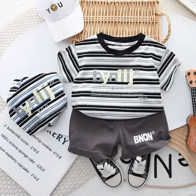 Boys Striped T-Shirt Shorts Set 2023 New Letter - Image 4