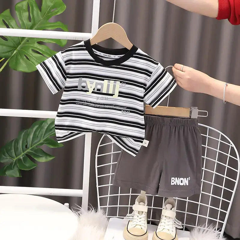 Boys Striped T-Shirt Shorts Set 2023 New Letter - Image 5