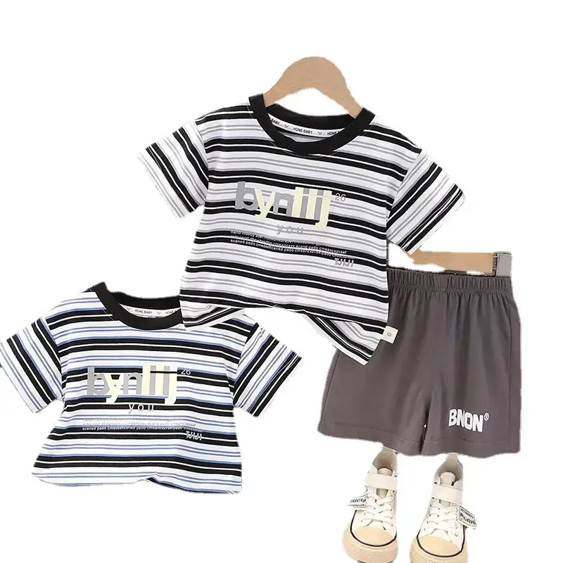 Boys Striped T-Shirt Shorts Set 2023 New Letter - Image 6