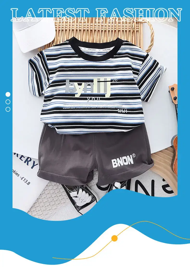 Boys Striped T-Shirt Shorts Set 2023 New Letter — feature 1