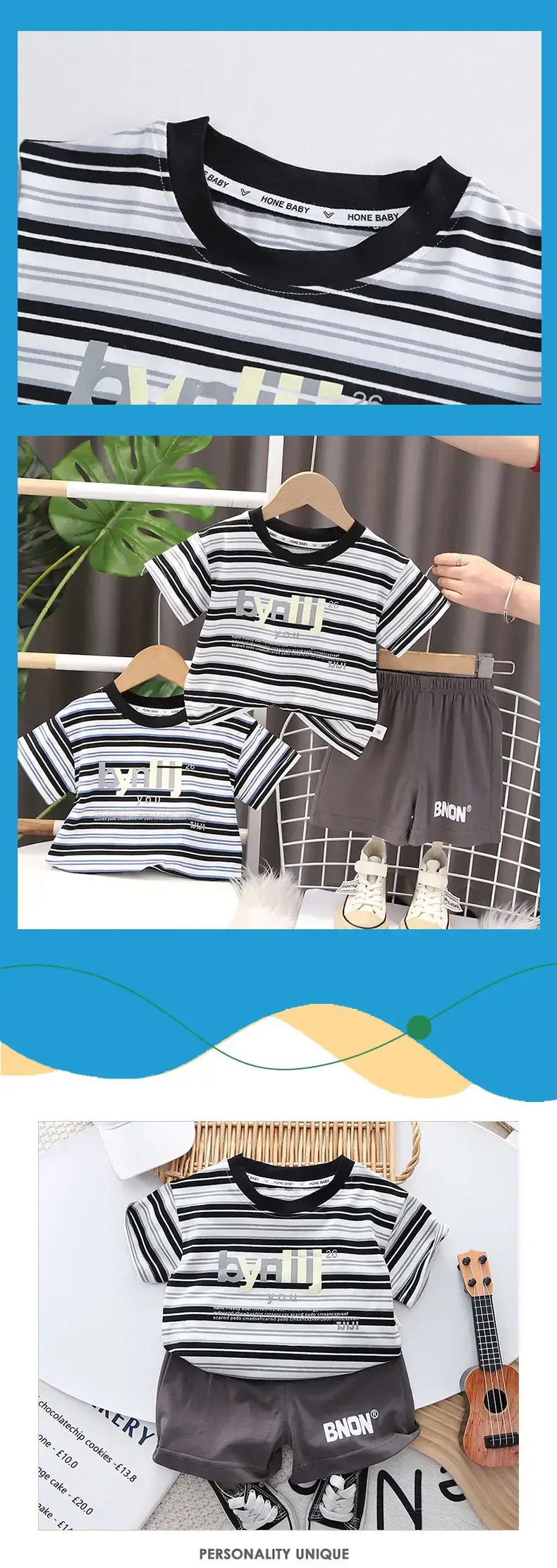 Boys Striped T-Shirt Shorts Set 2023 New Letter — feature 7