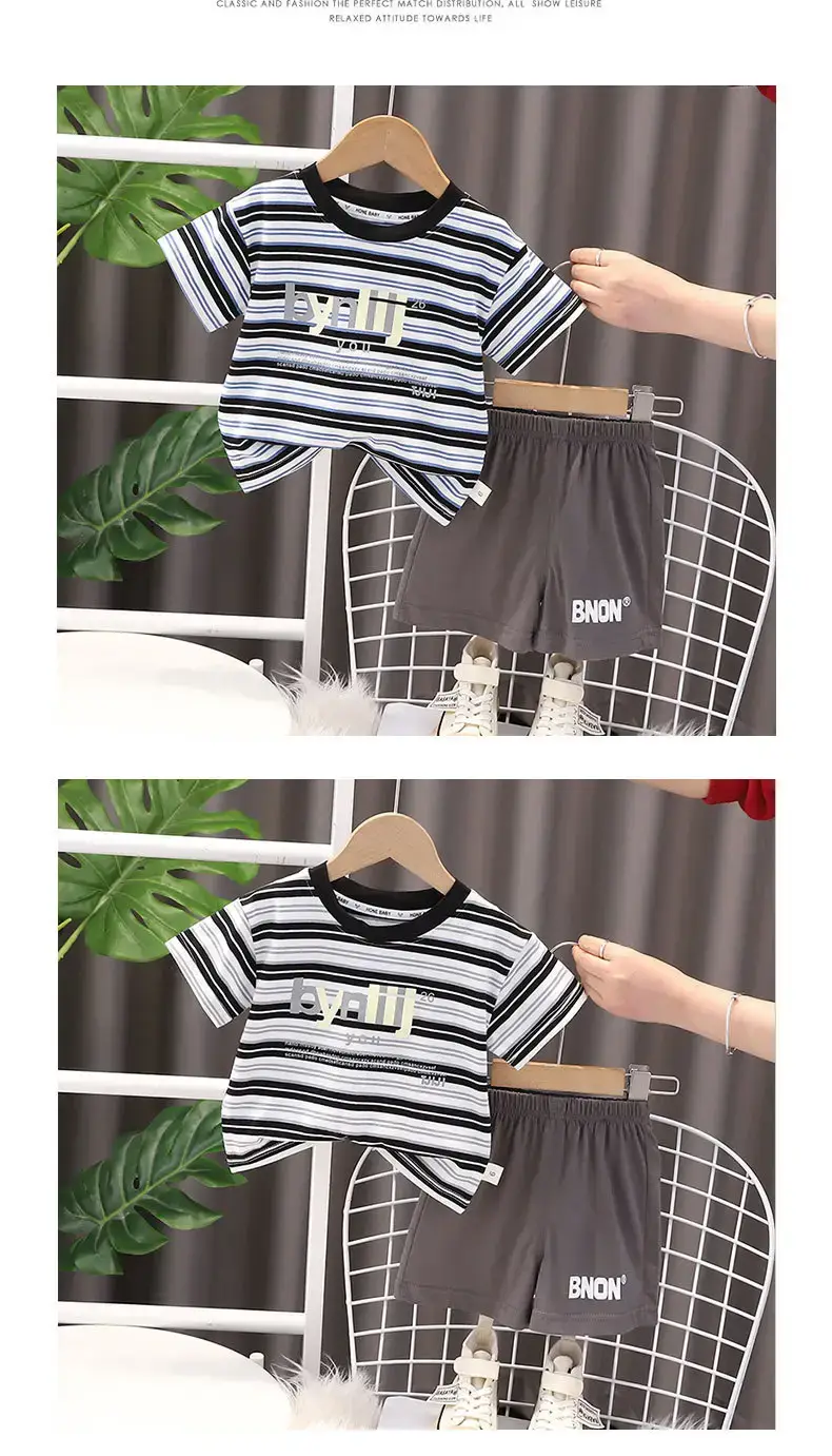 Boys Striped T-Shirt Shorts Set 2023 New Letter — feature 8