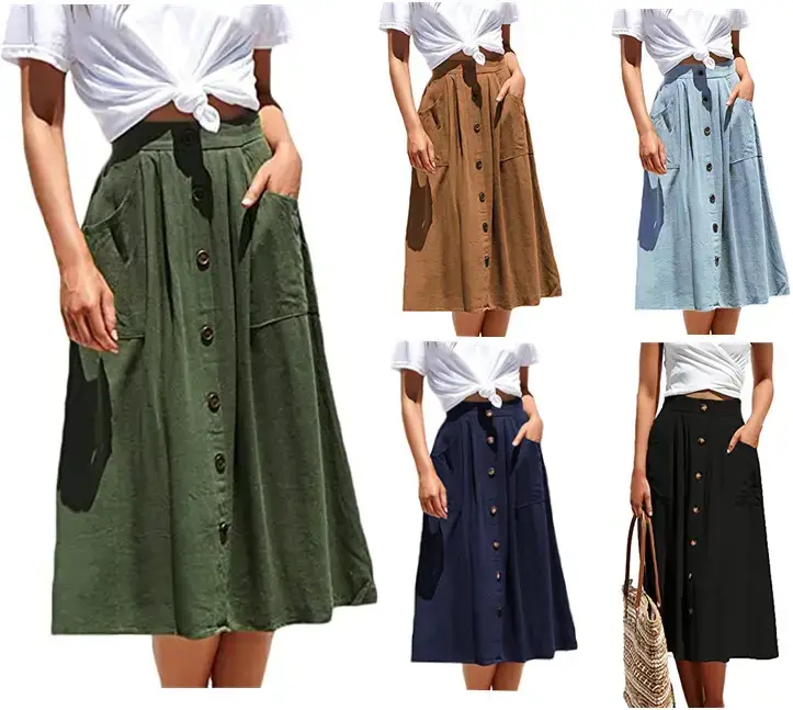 Black Button Front A-Line Midi Skirt for Women - Image 6