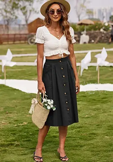Black Button Front A-Line Midi Skirt for Women - Image 7
