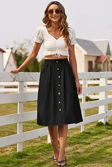 Black Button Front A-Line Midi Skirt for Women - Image 8