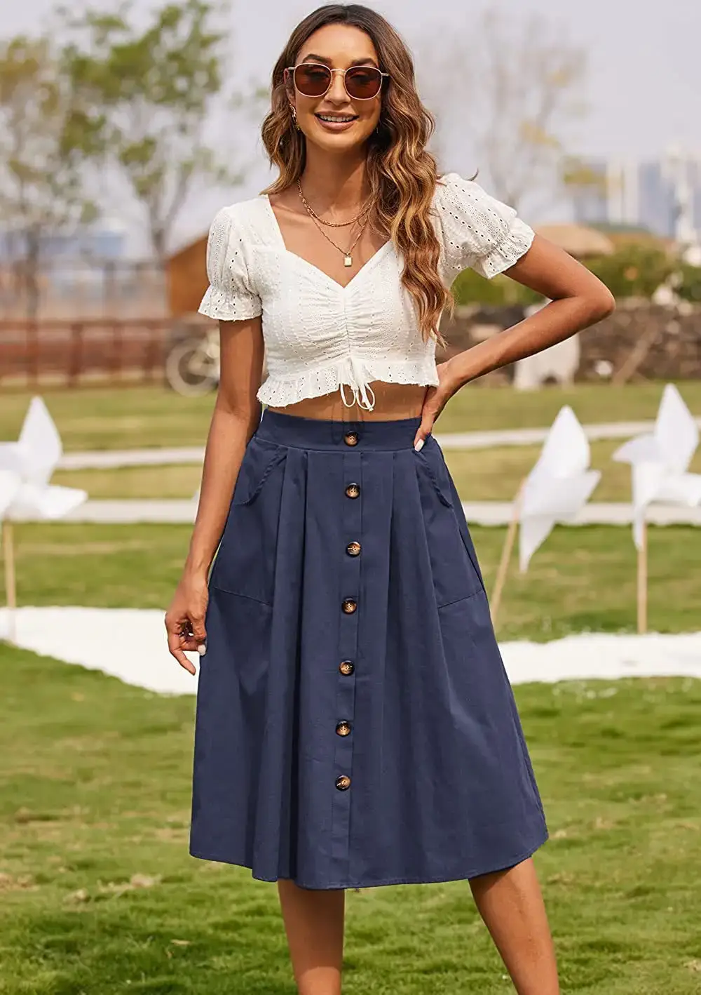 Black Button Front A-Line Midi Skirt for Women — feature 6