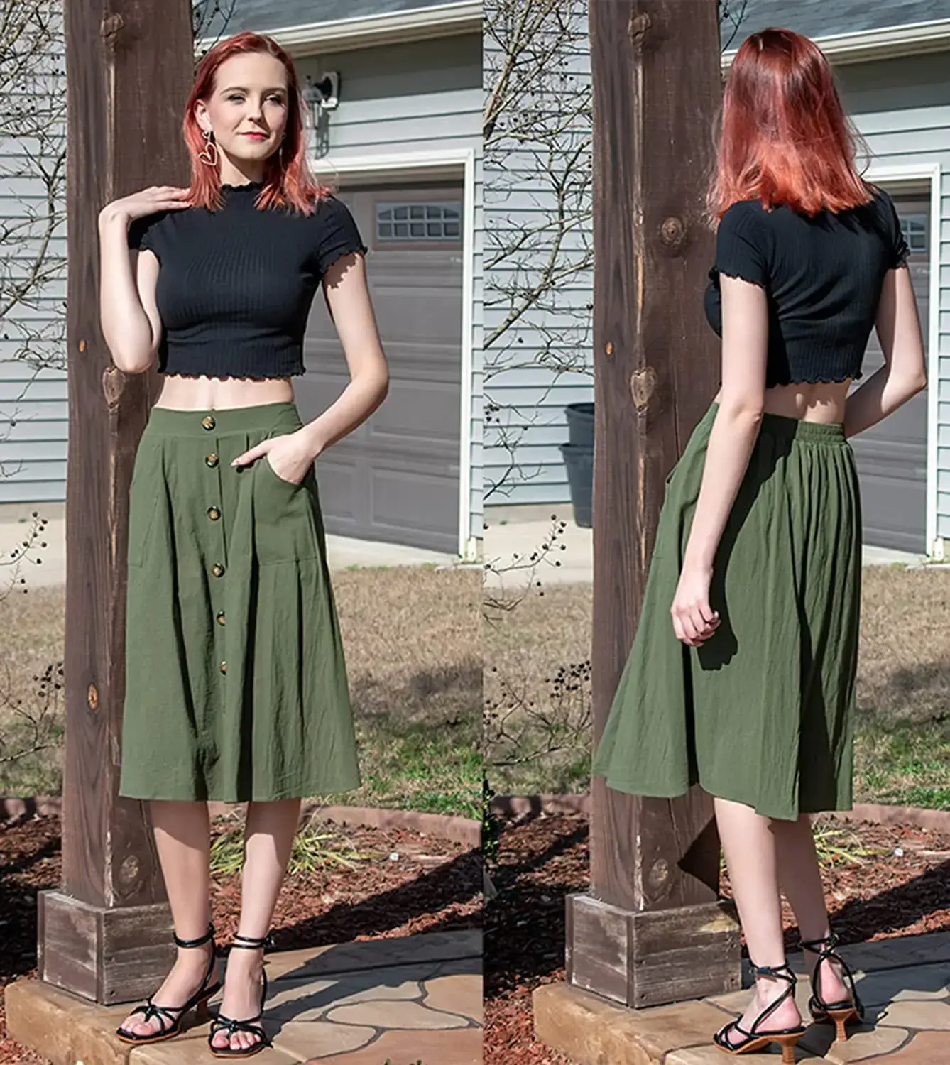 Black Button Front A-Line Midi Skirt for Women — feature 8