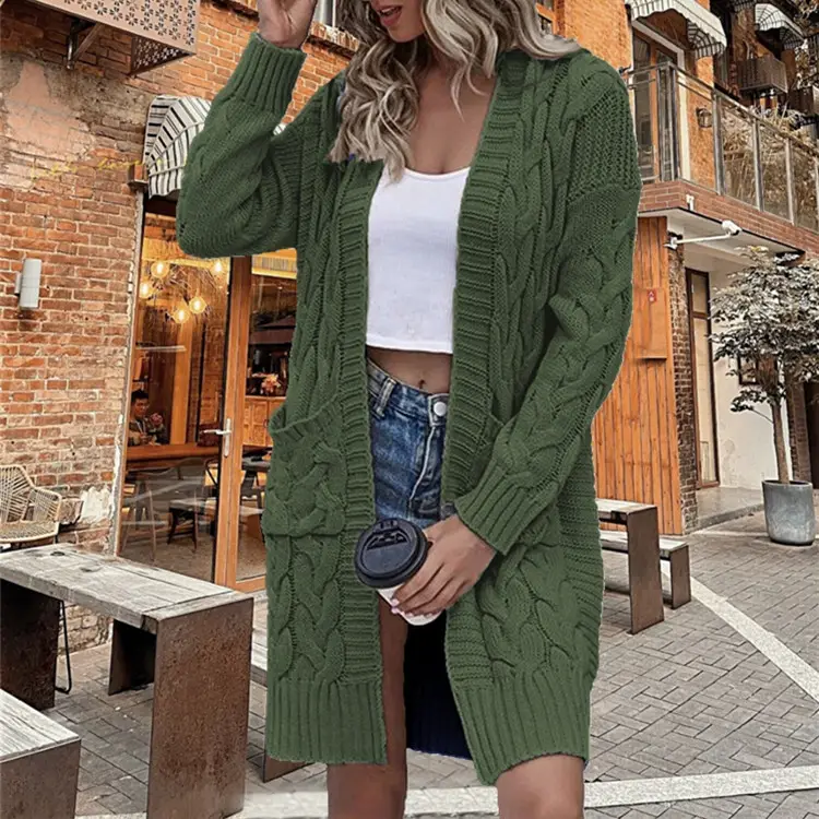 Women's Grey Cable Knit Long Sleeve Cardigan Sweater - Image 5