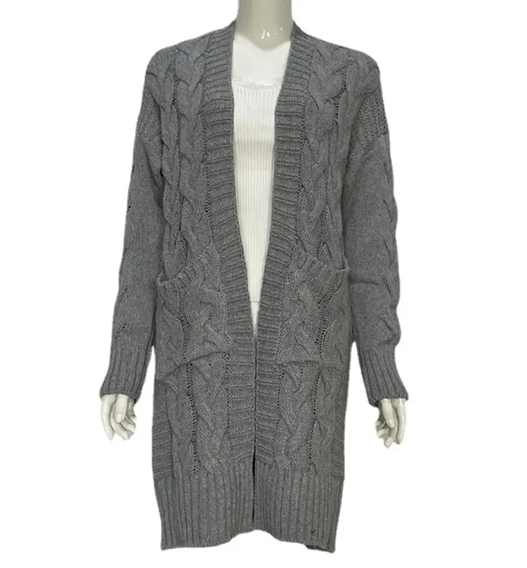 Women's Grey Cable Knit Long Sleeve Cardigan Sweater - Image 10