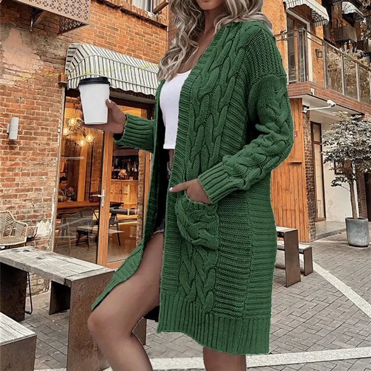 Women's Grey Cable Knit Long Sleeve Cardigan Sweater — feature 10