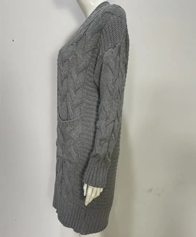 Women's Grey Cable Knit Long Sleeve Cardigan Sweater — feature 23