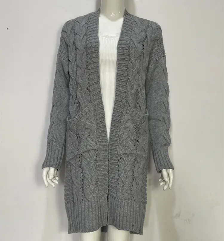 Women's Grey Cable Knit Long Sleeve Cardigan Sweater — feature 3