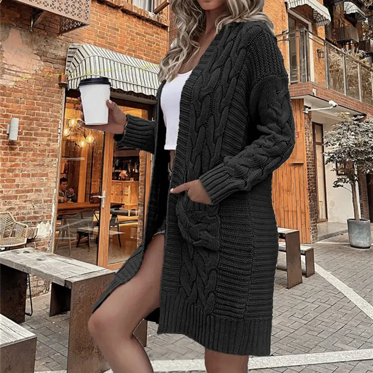 Women's Grey Cable Knit Long Sleeve Cardigan Sweater - Image 4