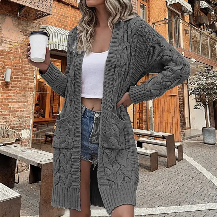 Women's Grey Cable Knit Long Sleeve Cardigan Sweater - Image 6