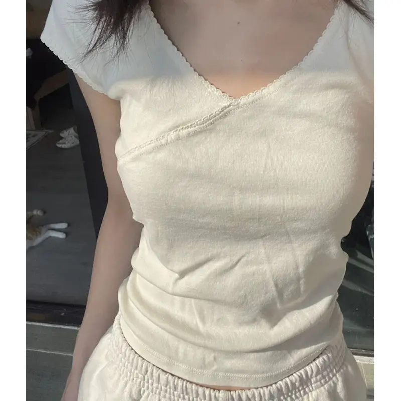 Women V-neck Cotton T-shirt 2023 Summer Slim Fit - Image 3
