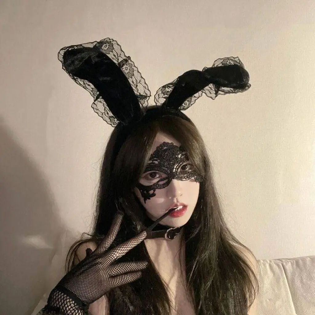 Black Lace Eye Mask Hair Band for Halloween