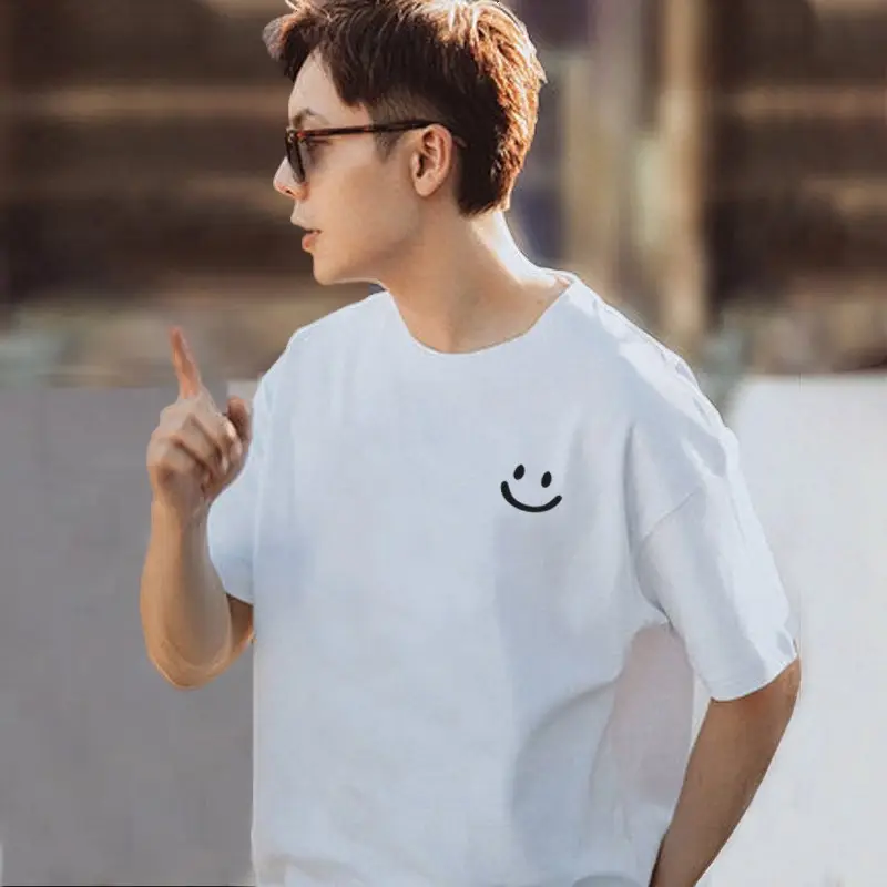 Men Pure Cotton Smiley T-Shirt White 2025 Summer - Image 18