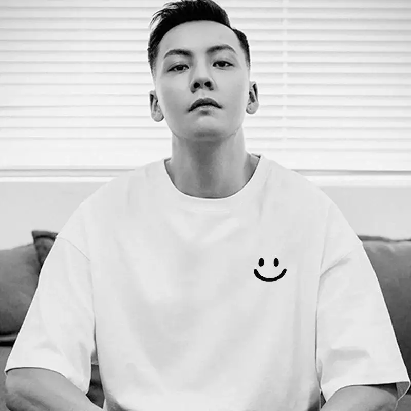 Men Pure Cotton Smiley T-Shirt White 2025 Summer — feature 4