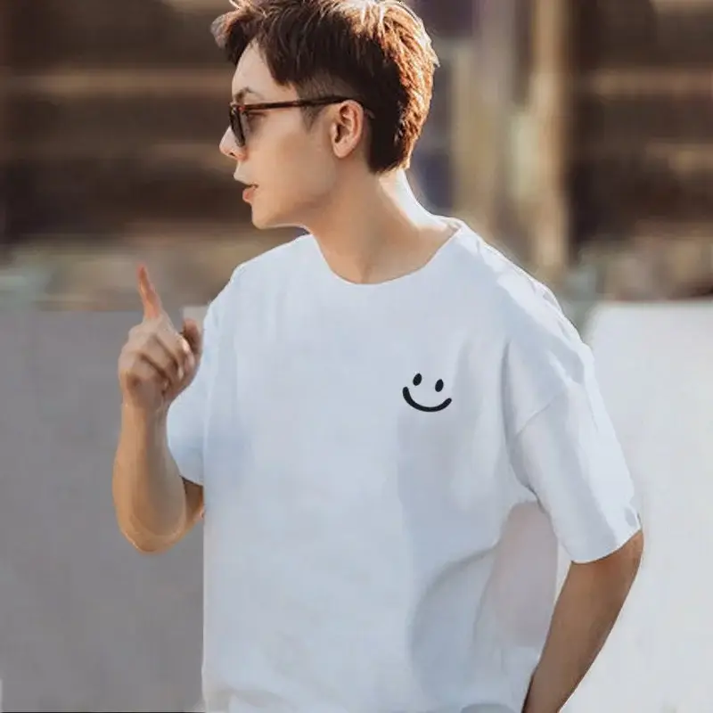 Men Pure Cotton Smiley T-Shirt White 2025 Summer — feature 7
