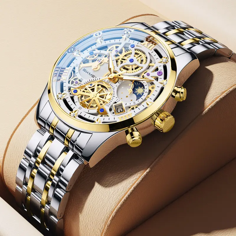 Men's Fake Mechanical Watch with Steel Band & Blue Dial