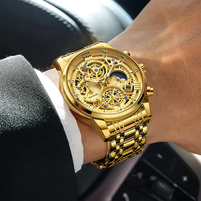 Men's Fake Mechanical Watch with Steel Band & Blue Dial