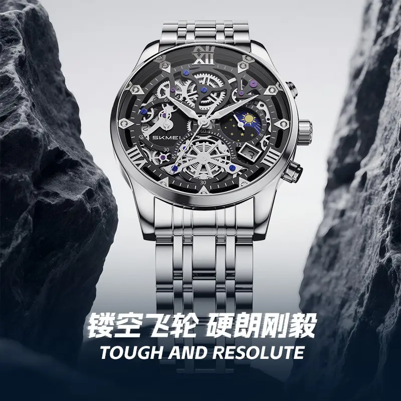 Men's Fake Mechanical Watch with Steel Band & Blue Dial