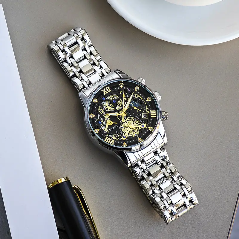 Men's Fake Mechanical Watch with Steel Band & Blue Dial