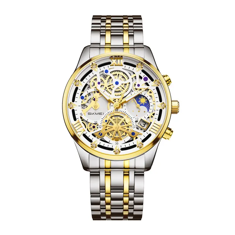 Men's Fake Mechanical Watch with Steel Band & Blue Dial
