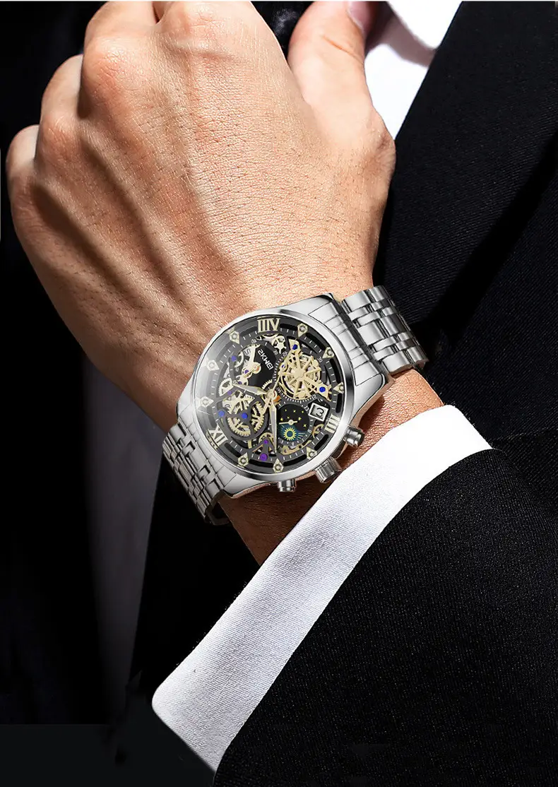 Men's Fake Mechanical Watch with Steel Band & Blue Dial — feature 10