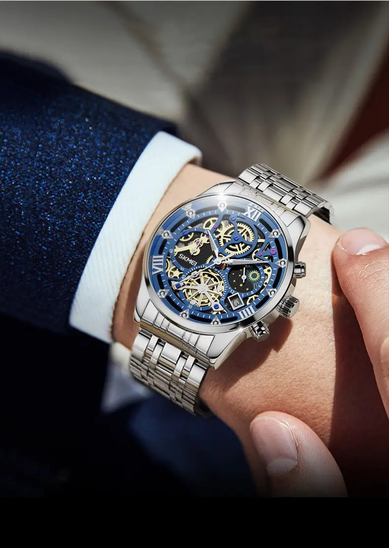 Men's Fake Mechanical Watch with Steel Band & Blue Dial — feature 12