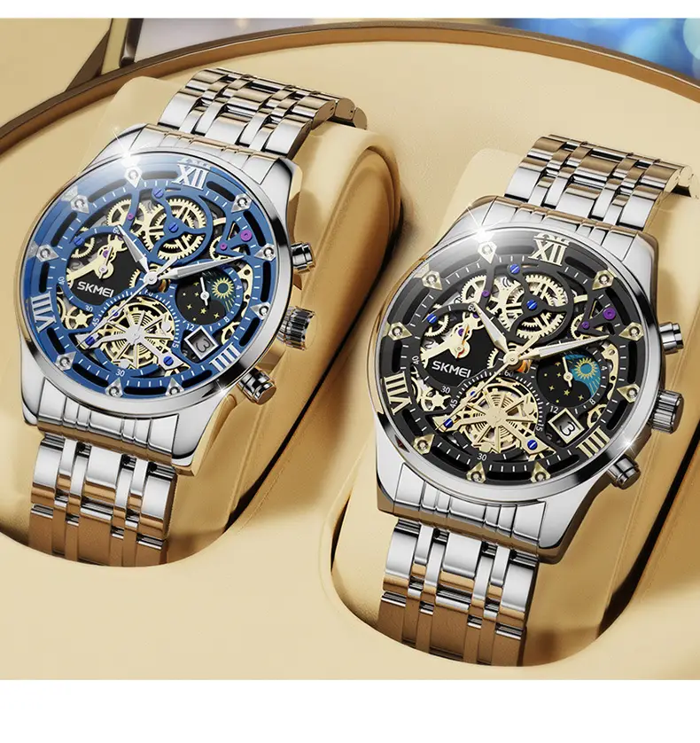Men's Fake Mechanical Watch with Steel Band & Blue Dial — feature 14