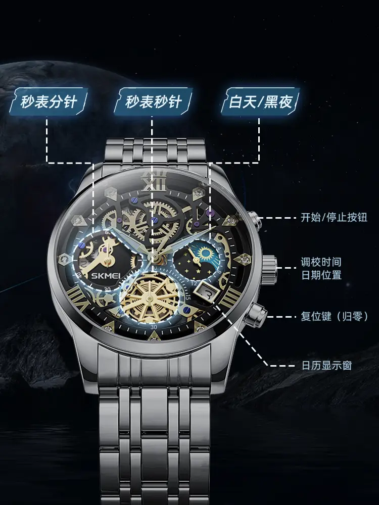Men's Fake Mechanical Watch with Steel Band & Blue Dial — feature 16