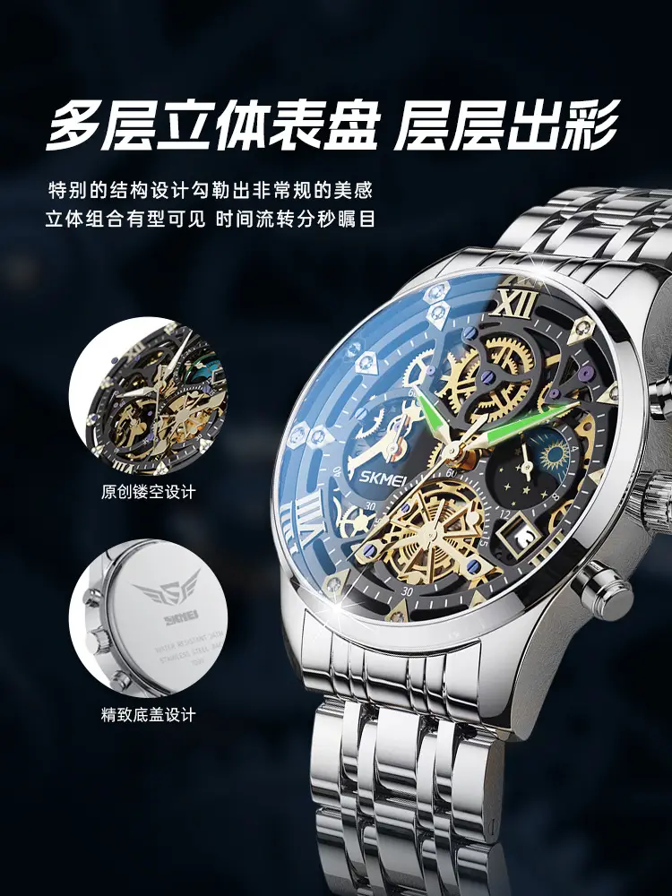 Men's Fake Mechanical Watch with Steel Band & Blue Dial — feature 18