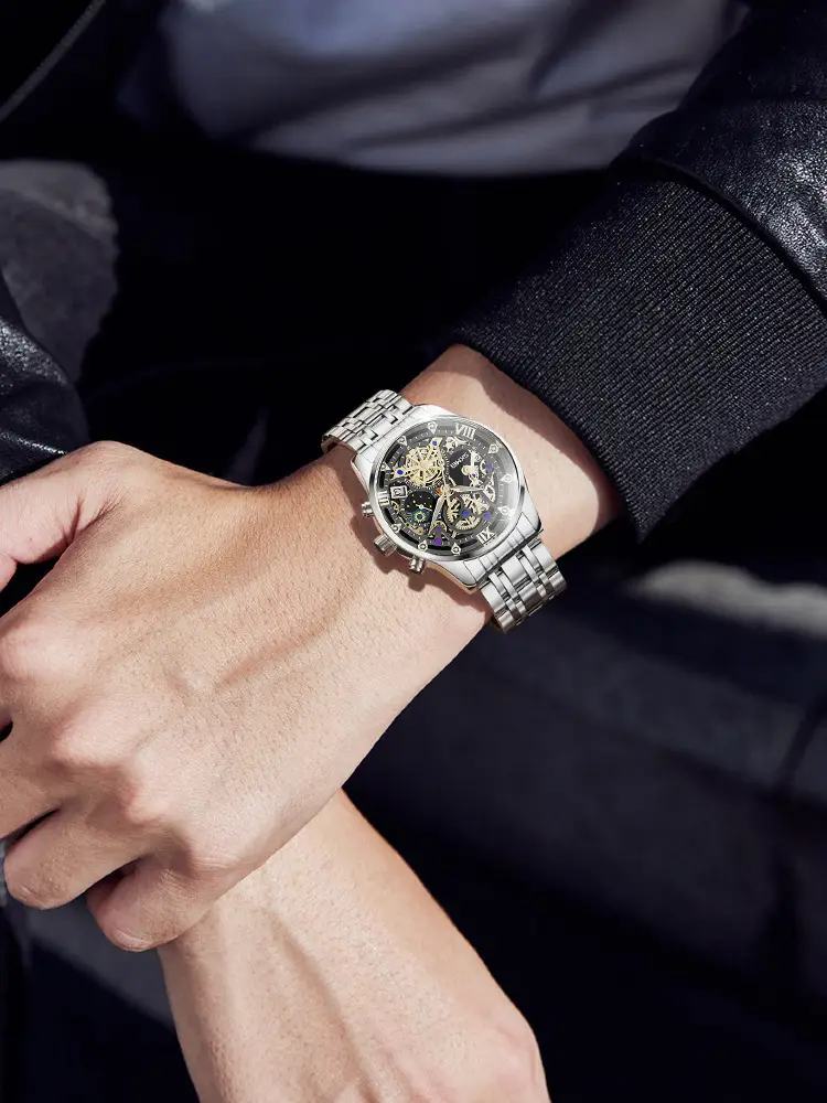 Men's Fake Mechanical Watch with Steel Band & Blue Dial — feature 19