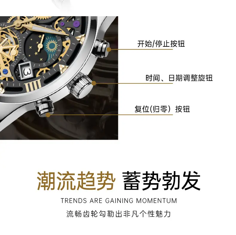 Men's Fake Mechanical Watch with Steel Band & Blue Dial — feature 9