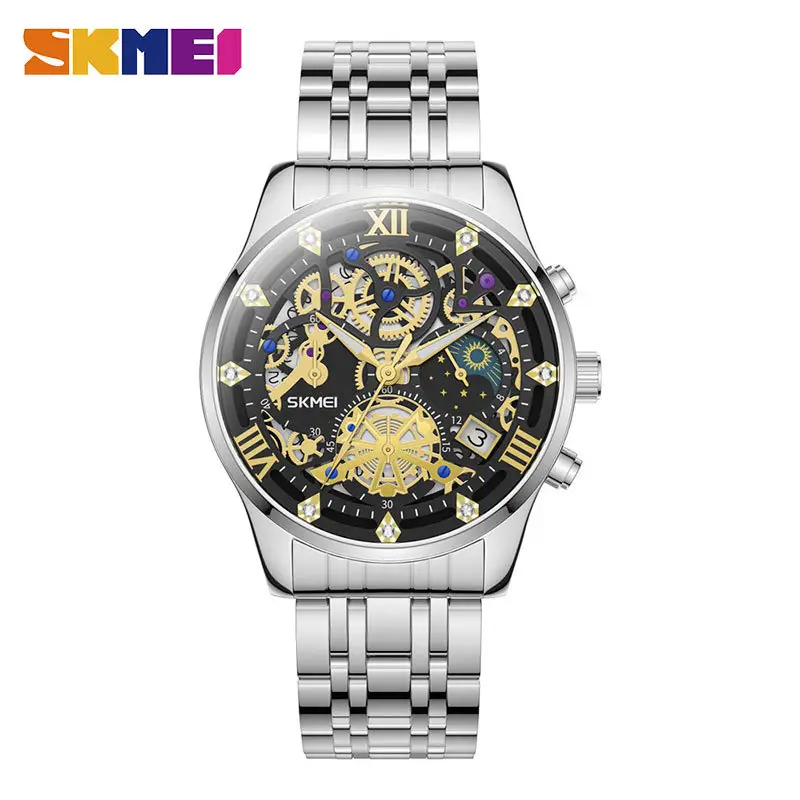 Men's Fake Mechanical Watch with Steel Band & Blue Dial