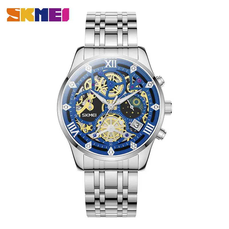 Men's Fake Mechanical Watch with Steel Band & Blue Dial