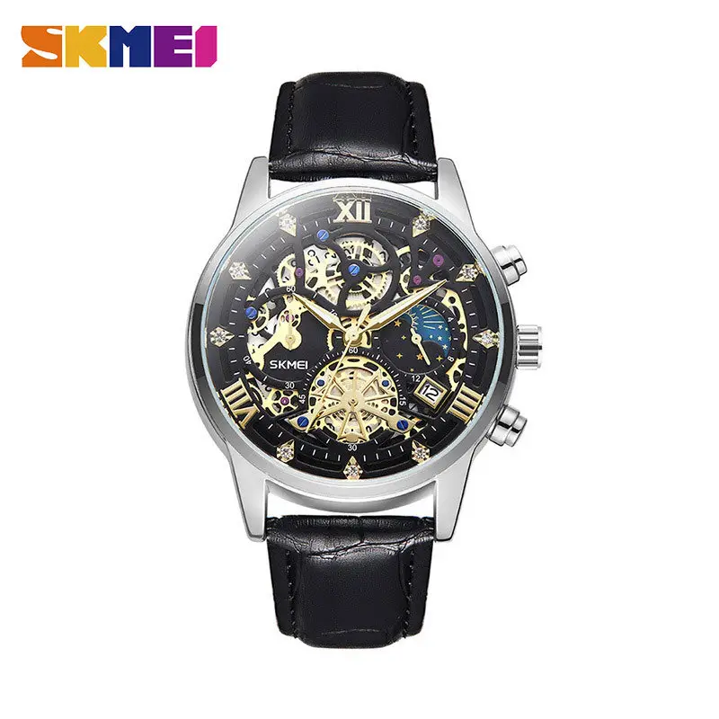 Men's Fake Mechanical Watch with Steel Band & Blue Dial