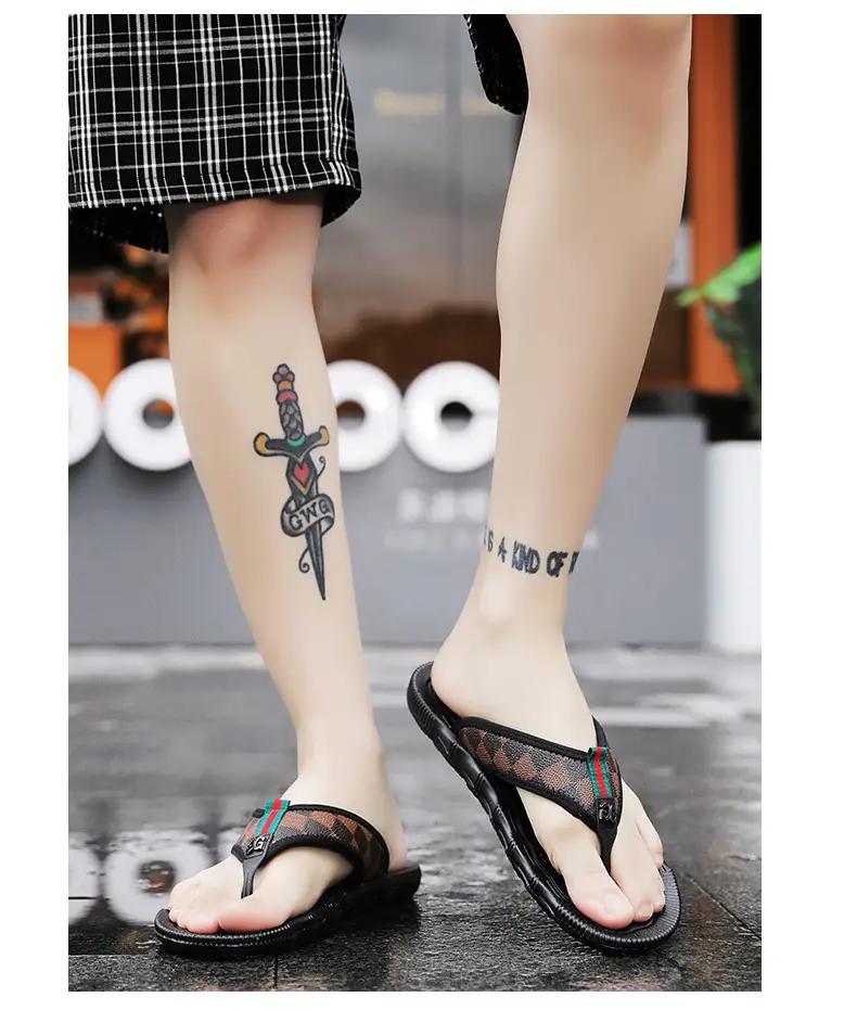 Men's Black Checkered Flip Flops Heelless Sandals — feature 12